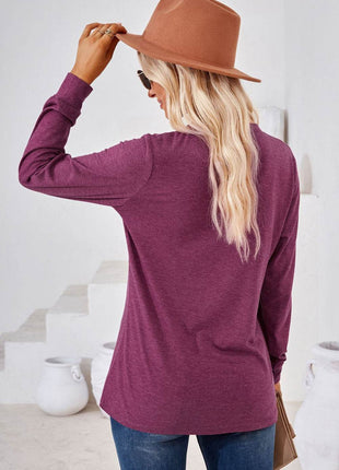 V-Neck Buttoned Long Sleeve Blouse - MimiStylez