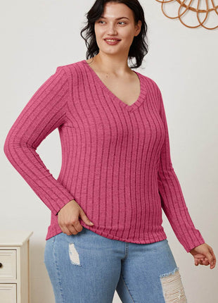 Basic Bae Full Size Ribbed V-Neck Long Sleeve T-Shirt - MimiStylez