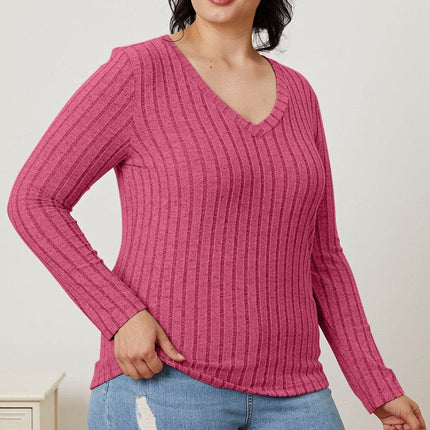 Basic Bae Full Size Ribbed V-Neck Long Sleeve T-Shirt - MimiStylez