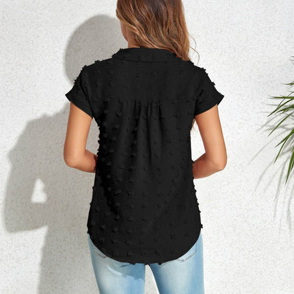Swiss Dot Button Up Cap Sleeve Shirt - MimiStylez