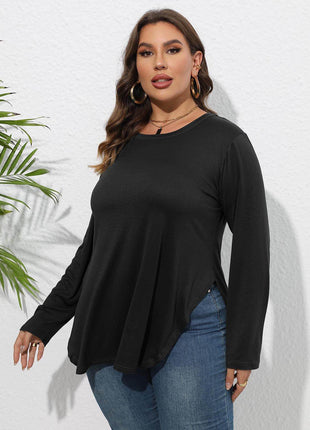 Plus Size Round Neck Long Sleeve Slit T-Shirt - MimiStylez
