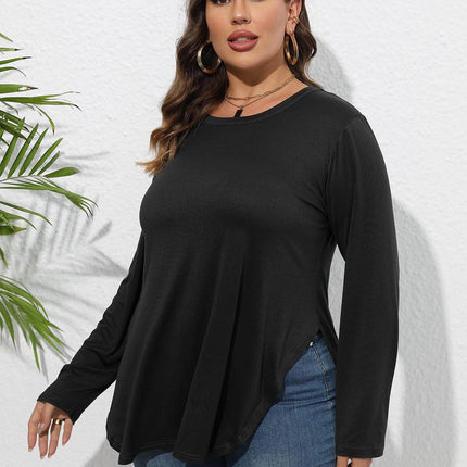 Plus Size Round Neck Long Sleeve Slit T-Shirt - MimiStylez
