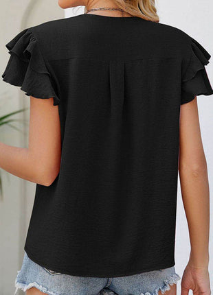 Ruffled V-Neck Cap Sleeve Blouse - MimiStylez