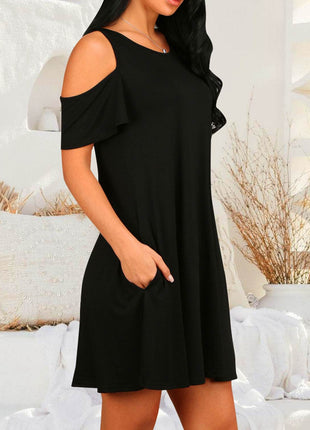 Round Neck Cold Shoulder Short Sleeve Dress - MimiStylez