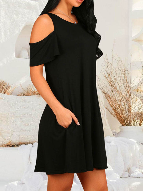 Round Neck Cold Shoulder Short Sleeve Dress - MimiStylez