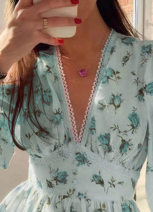 Full Size Floral Print Lace Detail V-Neck Mini Dress Plus SIze - MimiStylez