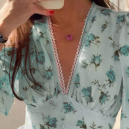 Full Size Floral Print Lace Detail V-Neck Mini Dress Plus SIze - MimiStylez