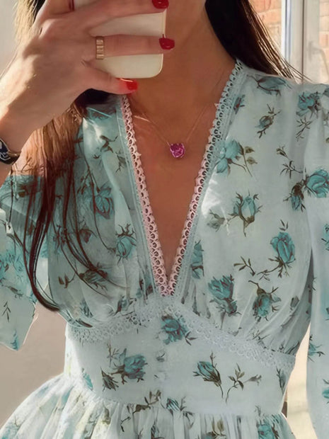 Full Size Floral Print Lace Detail V-Neck Mini Dress Plus SIze - MimiStylez