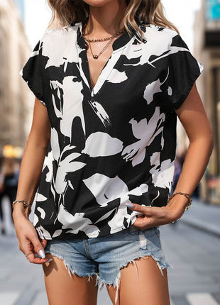 Printed Notched Short Sleeve Blouse - MimiStylez