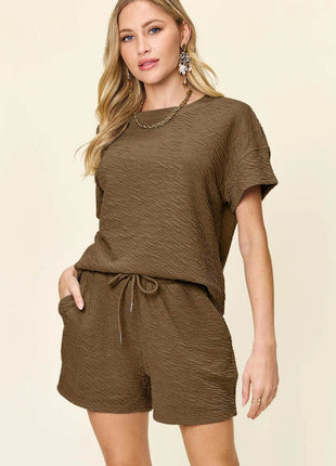 Double Take Full Size Texture Short Sleeve T-Shirt and Drawstring Shorts Set - MimiStylez