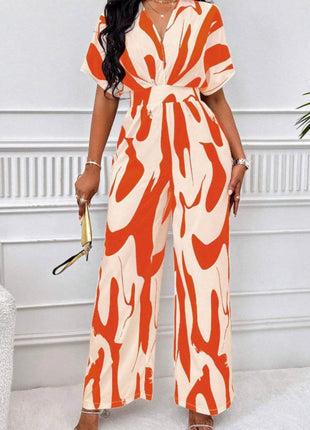 Printed V-Neck Short Sleeve Wide Leg Jumpsuit - MimiStylez