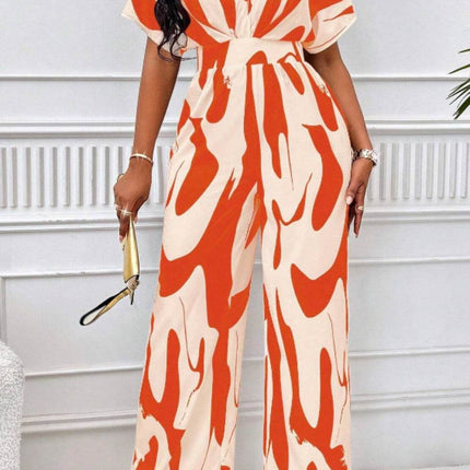 Printed V-Neck Short Sleeve Wide Leg Jumpsuit - MimiStylez