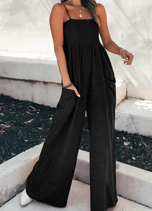 Smocked Spaghetti Strap Wide Leg Jumpsuit - MimiStylez