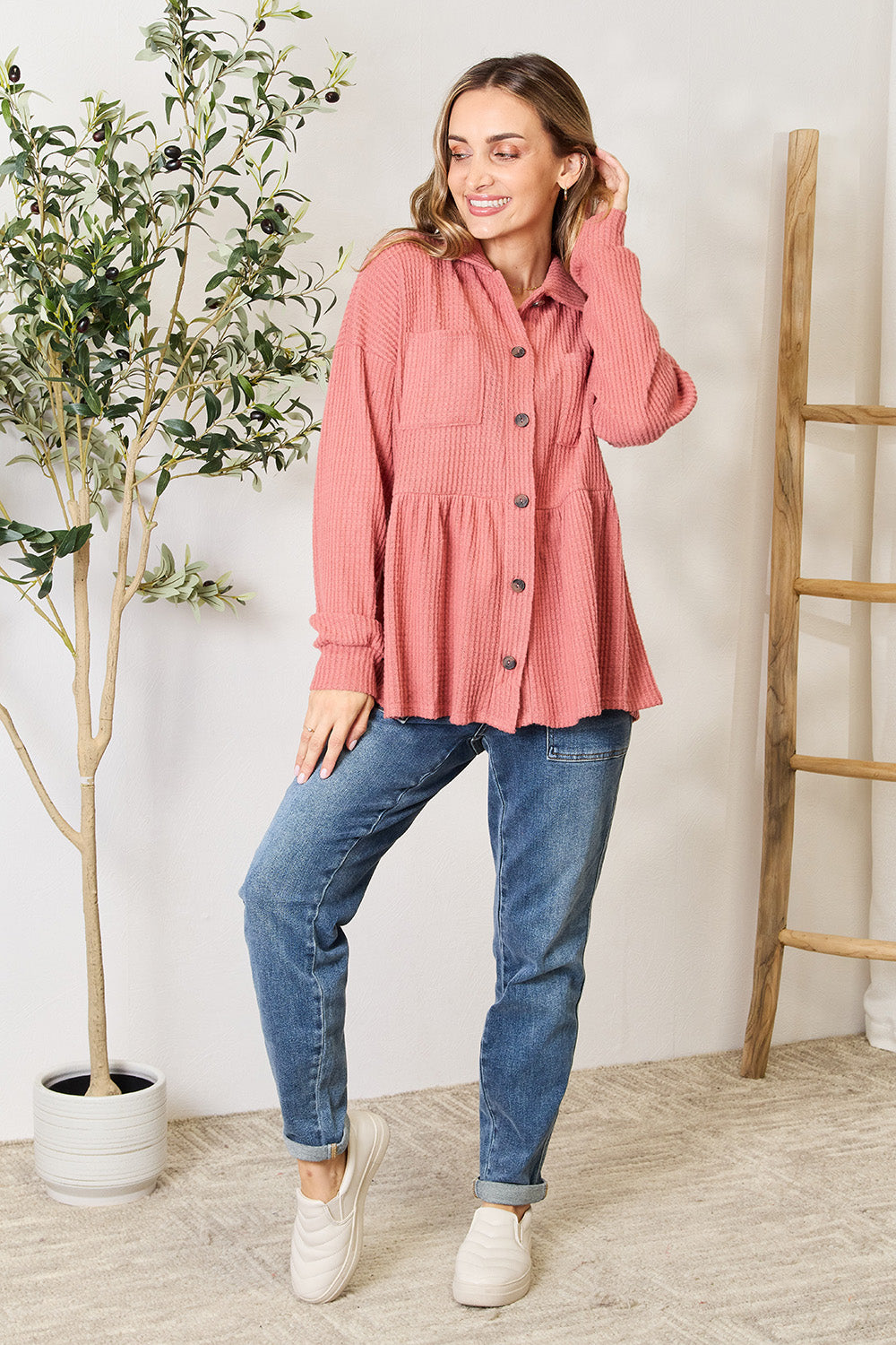 Blusa con botones de punto tipo gofre de tamaño completo Heimish