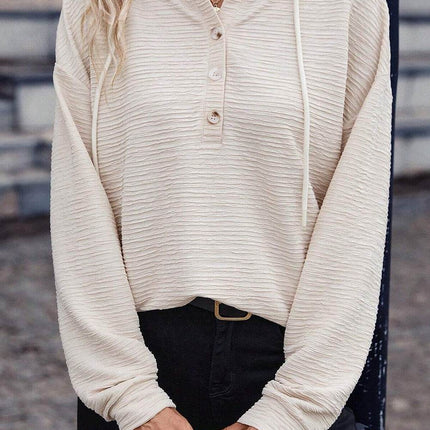 Drawstring Half Button Dropped Shoulder Hoodie - MimiStylez