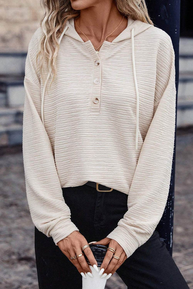 Drawstring Half Button Dropped Shoulder Hoodie - MimiStylez