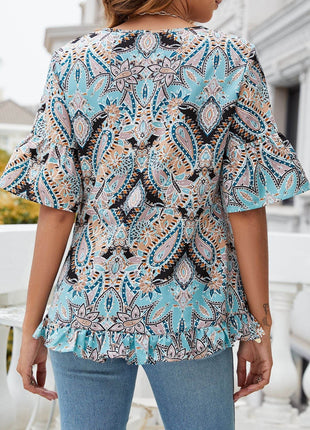 Printed Flounce Sleeve Ruffle Hem Blouse - MimiStylez
