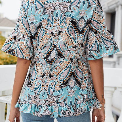Printed Flounce Sleeve Ruffle Hem Blouse - MimiStylez