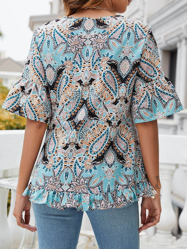 Printed Flounce Sleeve Ruffle Hem Blouse - MimiStylez