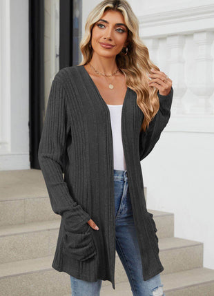Pocketed Open Front Long Sleeve Cardigan - MimiStylez