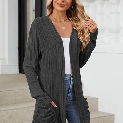 Pocketed Open Front Long Sleeve Cardigan - MimiStylez