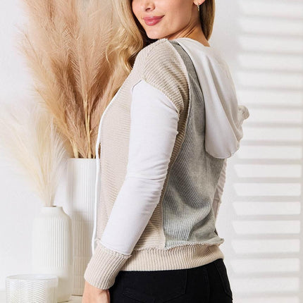 Double Take Color Block Exposed Seam Drawstring Hoodie - MimiStylez