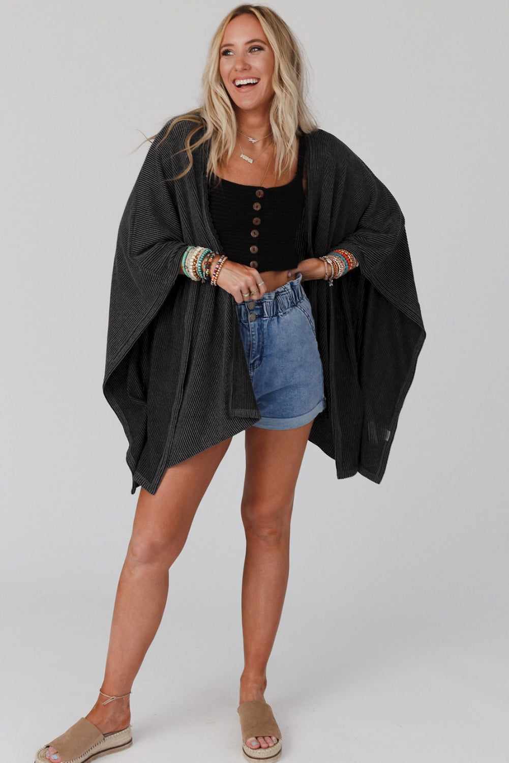 Apricot Lace Trim Ribbed Oversize Kimono