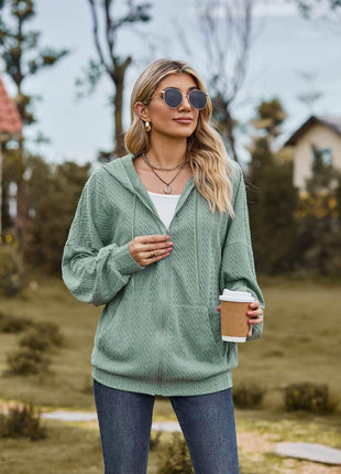 Zip Up Drawstring Long Sleeve Hooded Jacket - MimiStylez