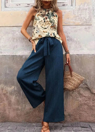 Printed Tank Top and Wide Leg Pants Set - MimiStylez