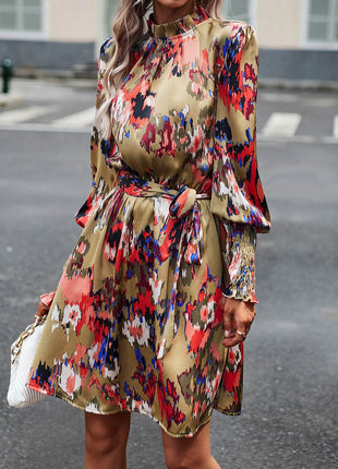 Printed Tie Waist Mock Neck Lantern Sleeve Dress - MimiStylez