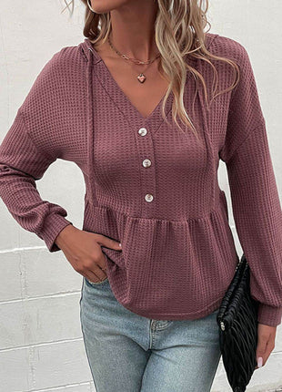 Waffle-Knit Buttoned Drop Shoulder Hoodie - MimiStylez