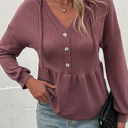 Waffle-Knit Buttoned Drop Shoulder Hoodie - MimiStylez