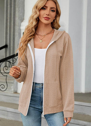 Drawstring Zip Up Long Sleeve Hoodie - MimiStylez