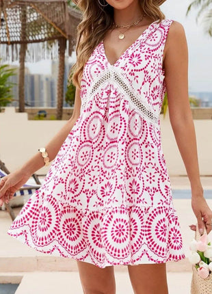 Printed V-Neck Sleeveless Mini Dress - MimiStylez