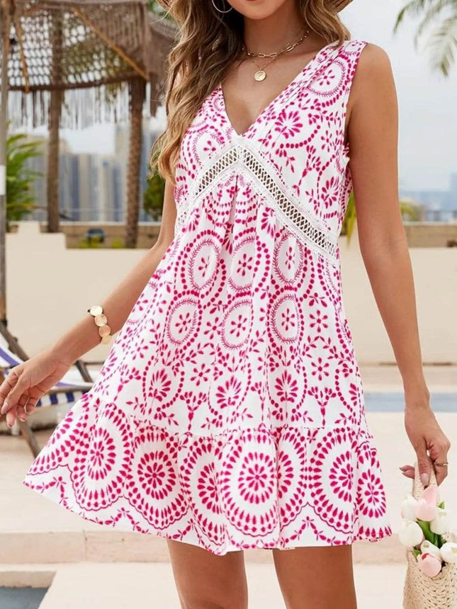 Printed V-Neck Sleeveless Mini Dress - MimiStylez