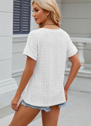 Eyelet V-Neck Short Sleeve T-Shirt - MimiStylez