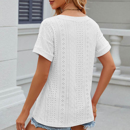 Eyelet V-Neck Short Sleeve T-Shirt - MimiStylez