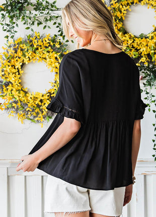 V-Neck Flounce Sleeve Babydoll Blouse - MimiStylez