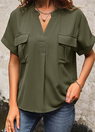 Pocketed Notched Short Sleeve Blouse - MimiStylez