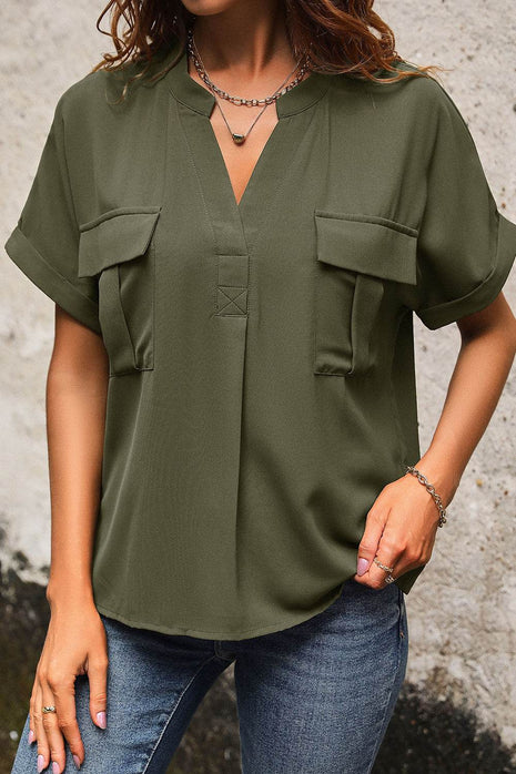 Pocketed Notched Short Sleeve Blouse - MimiStylez