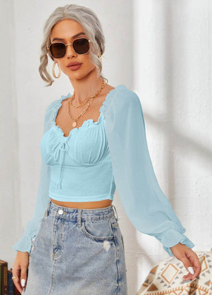 Mesh Sweetheart Neck Flounce Sleeve Top - MimiStylez