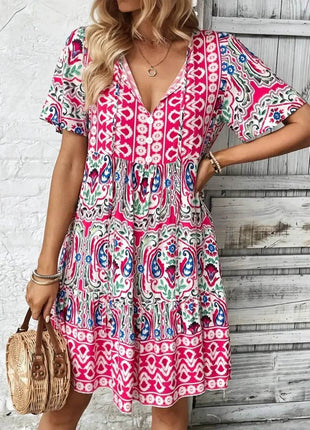 Printed Tie Neck Short Sleeve Dress - MimiStylez