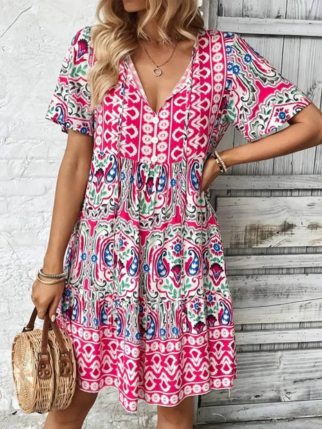 Printed Tie Neck Short Sleeve Dress - MimiStylez