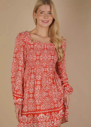 VERY J Printed Smocked Chest Boho Mini Dress - MimiStylez