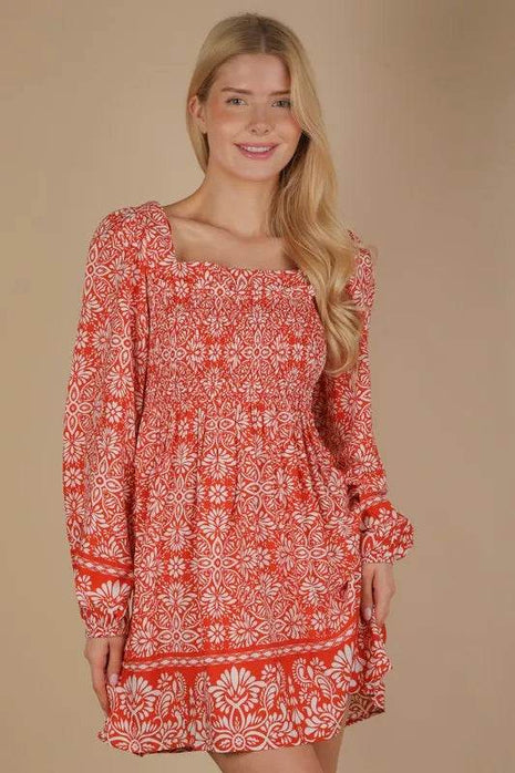 VERY J Printed Smocked Chest Boho Mini Dress - MimiStylez