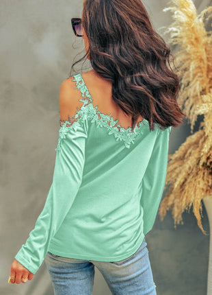 Lace Detail Cold Shoulder Long Sleeve T-Shirt - MimiStylez