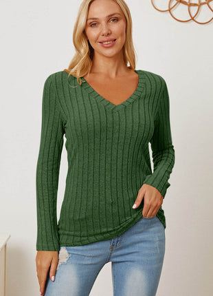 Basic Bae Full Size Ribbed V-Neck Long Sleeve T-Shirt - MimiStylez