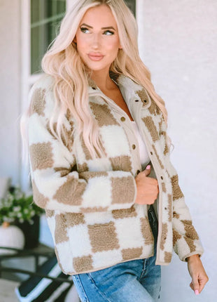 Checkered Snap Down Long Sleeve Jacket - MimiStylez
