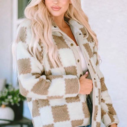 Checkered Snap Down Long Sleeve Jacket - MimiStylez