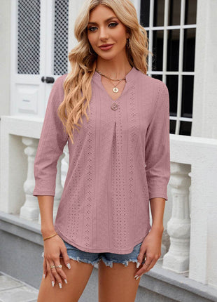Eyelet Notched Knit Jacquard Top - MimiStylez